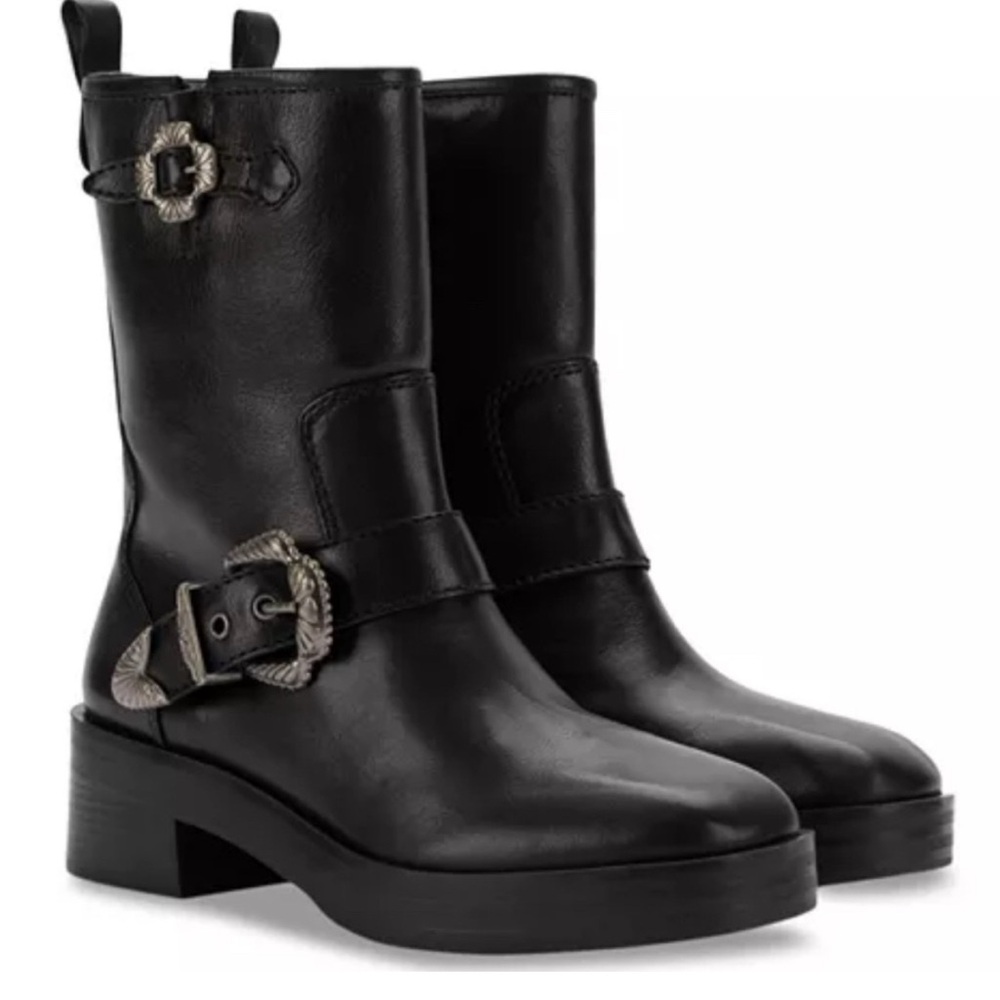 Larroudé Hardy Moto Boot Black Leather Western Buckle Boot Size 7